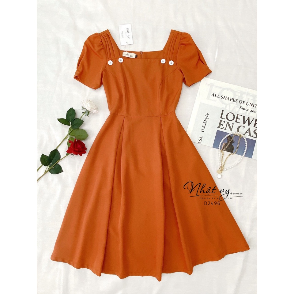 Đầm dự tiệc Nhật Vy cổ vuông đính nút dáng xoè xếp ly chất cotton phù hợp đi chơi, dạo phố, cafe sang chảnh - D2496