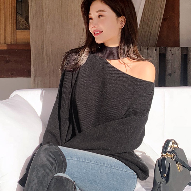 Áo sweater SUXI hở một bên vai màu sắc đơn giản phong cách Hàn Quốc thời trang cho nữ