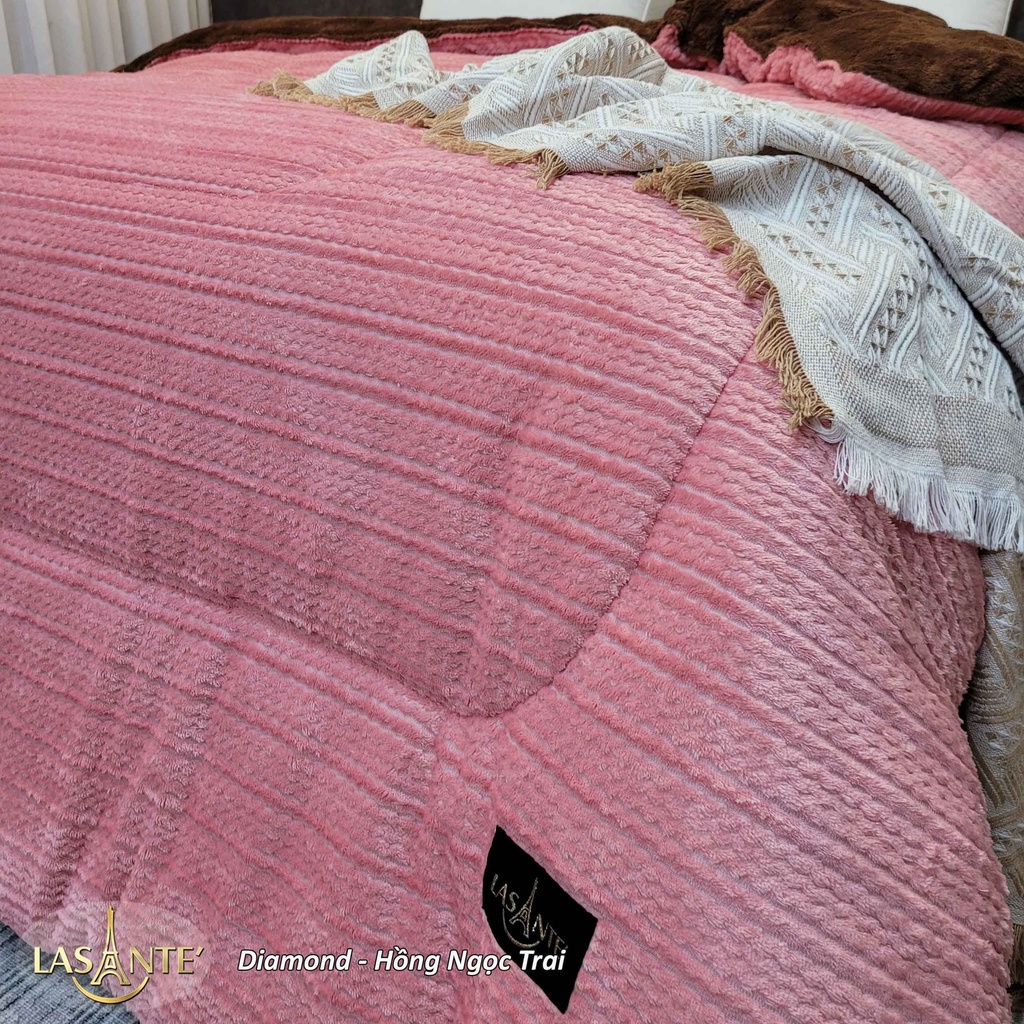Chăn mền lông cừu Lasante' cao cấp phong cách Pháp 3 lớp dày dặn màu Diamond hồng ngọc trai siêu rộng 1m6x2m2,2.1x2.4m