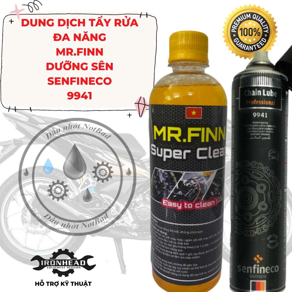 [TẶNG BÀN CHẢI] Dung dịch rửa sên Mr.Finn Super Clean 500ml  + Dưỡng sên SENFINECO 9941 mỡ bò trắng,