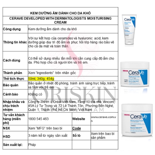 CeraVe - Kem Dưỡng Ẩm Cho Da Khô Đến Rất Khô Dùng Cho Mặt Và Toàn Thân CeraVe Moisturising Cream