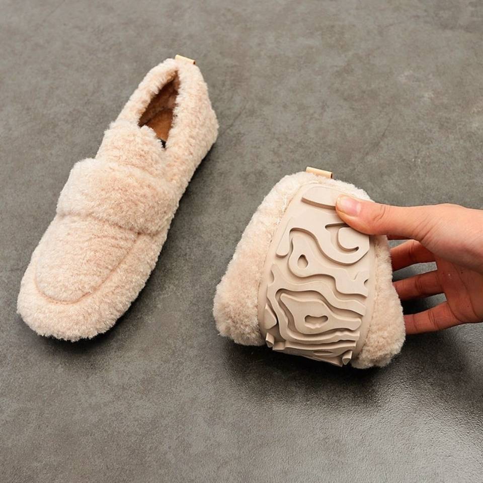 Giày Đế Bằng Phối Lông Nhung Dễ Thương Xinh Xắn Thời Trang Mùa Đông Cho Nữ