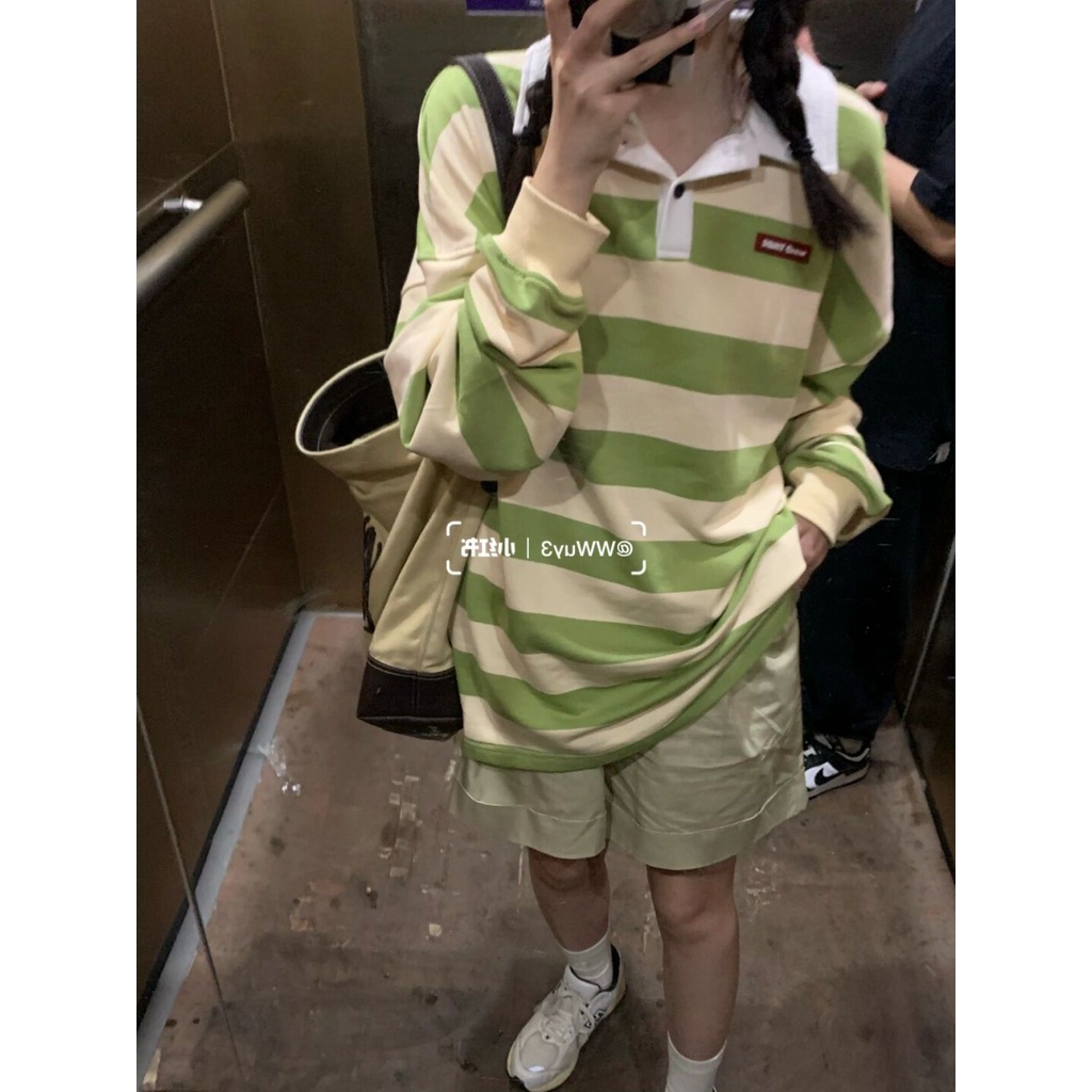 Áo Thun Sweater Tay Dài Kẻ Sọc Màu Xanh Lá Thời Trang Xuân Thu Cho Nữ