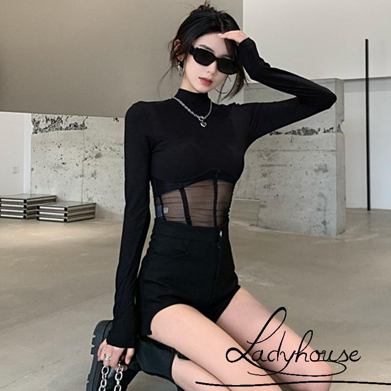 Áo Thun Tay Dài Cổ Cao Phối Lưới Màu Đen Thời Trang Xuân Thu Cho Nữ