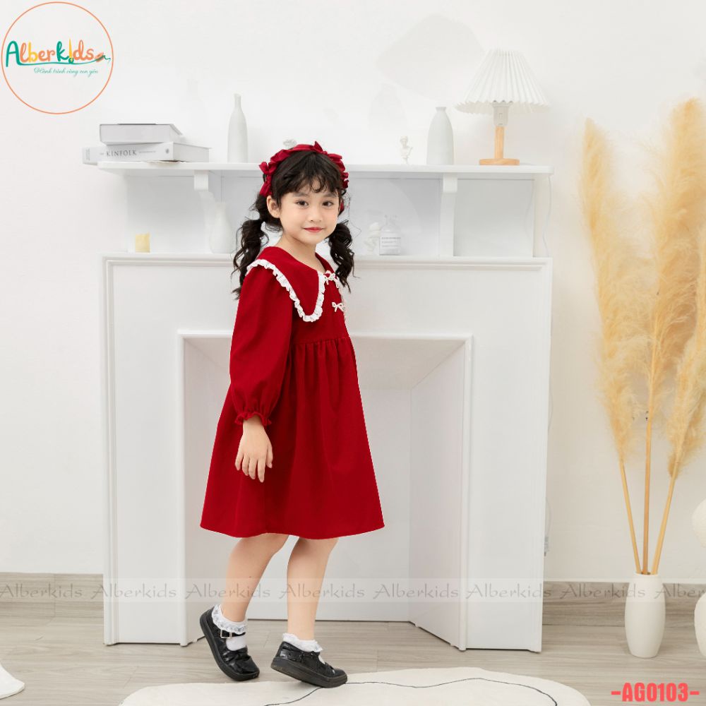 Váy bé gái alberkids thu đông đỏ cổ ren trắng dài tay công chúa cho trẻ em - ảnh sản phẩm 2