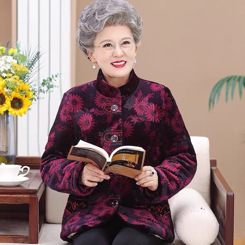 Áo khoác nhung hoa lót nỉ bông dành cho bà, cho cụ già