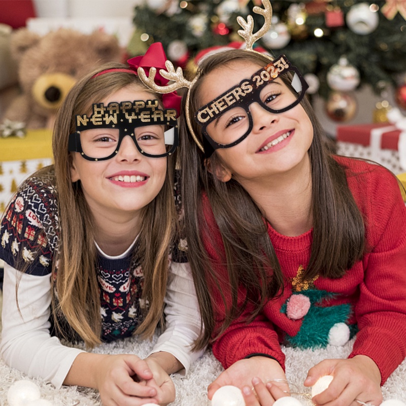 Set 6 Mắt Kính Màu Vàng Đen Lấp Lánh Trang Trí Năm Mới / Giáng Sinh