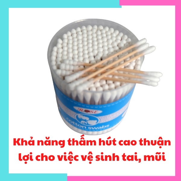 Tăm bông rái tai que gỗ tăm bông ngoáy tai que gỗ hộp tròn 220 cây Rose có 1 đầu xoắn 100% bông tự nhiên