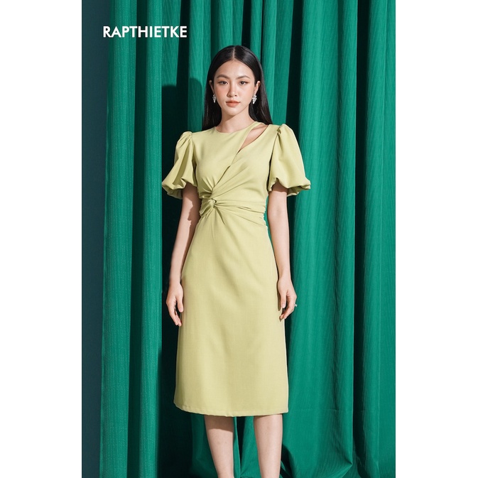 RẬP - Đầm Xanh Bơ Tay Phồng Khoét Vai Xoắn Eo - GREEN 02 AVO