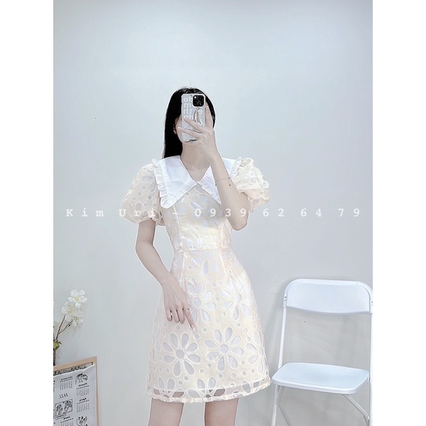 [Sẵn] Đầm ren hoa tay bồng cổ sen bèo dáng A xinh xắn
