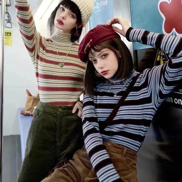 Hàng Mới Về Mới Áo Dệt Kim Cổ Lọ Dáng Ôm Kẻ Sọc Thời Trang Mùa Đông 2022