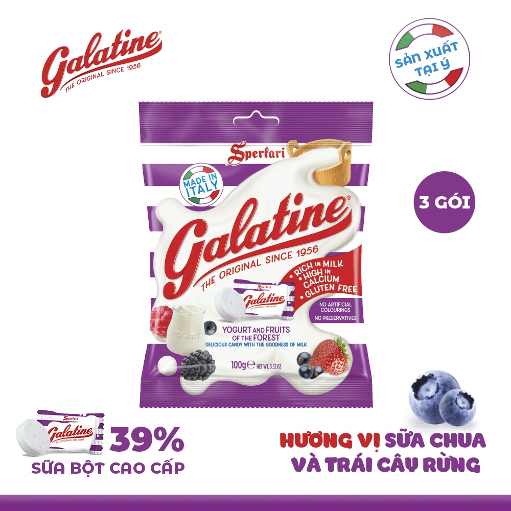 Kẹo sữa vị sữa chua và trái cây rừng Galatine Ý 100g, 100% sữa từ Châu Âu, giàu Canxi