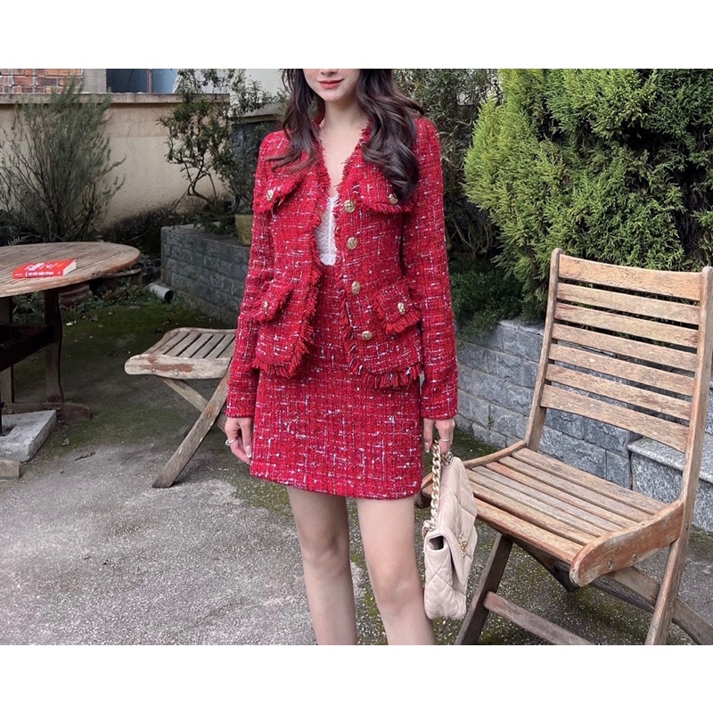 Set dạ tweed đỏ khuy đồng thiết kế by Twins