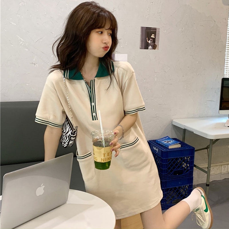 Đầm thể thao XINLANYASHE vải thun màu tương phản đơn giản thời trang trẻ trung dành cho nữ