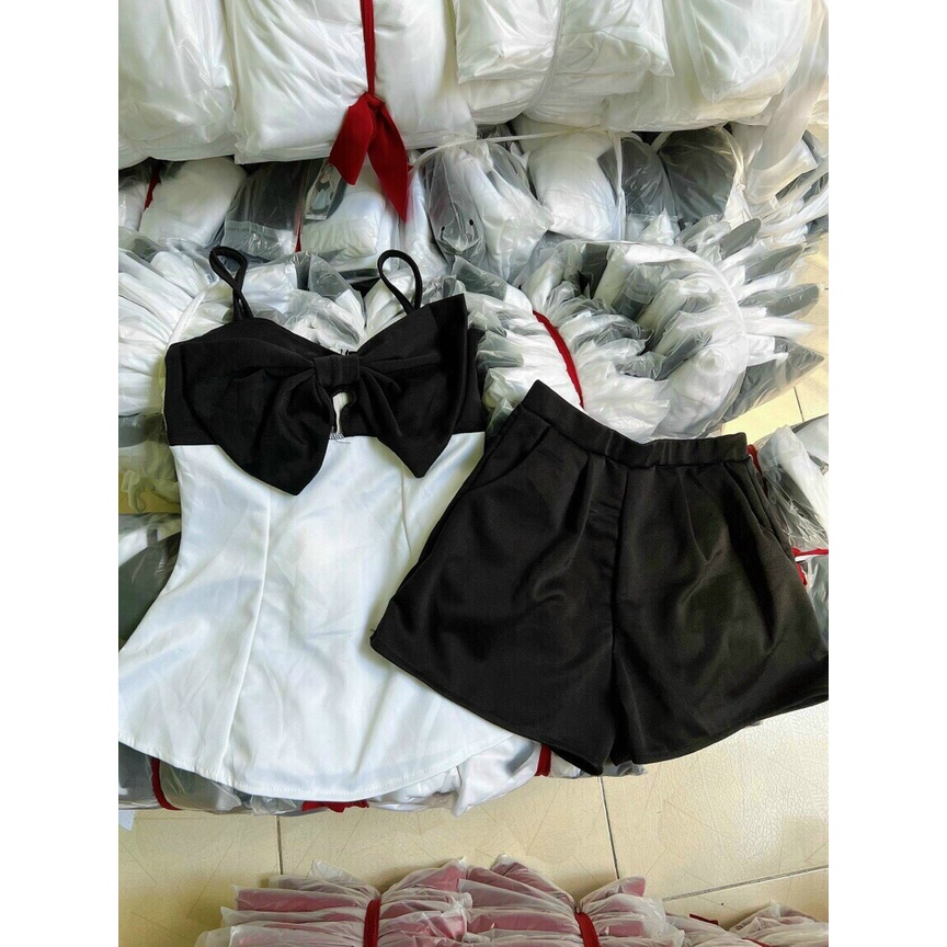 [11.11 Sale Freeship] Set bộ đồ nữ,set áo trắng 2 dây kèm nơ đen ở ngực ôm xoè kiểu babydol phối quần đùi chất umi mtb