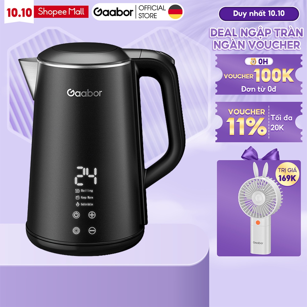 Bình đun siêu tốc thông minh GAABOR GK-E16P dung tích lớn 1.6L - 1500W - Màn hình LED - Hàng chính hãng