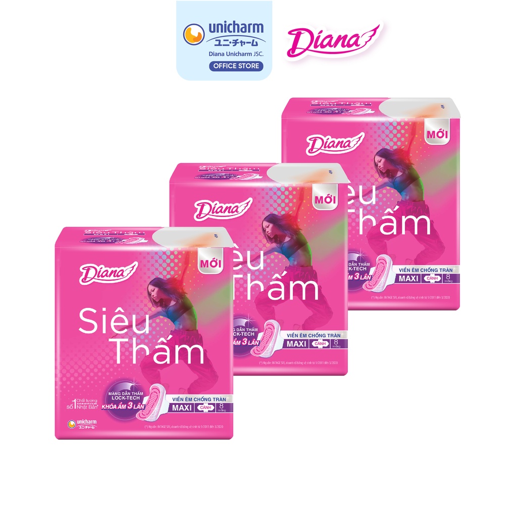 Bộ 3 gói băng vệ sinh Diana siêu thấm cánh Maxi 8 miếng/gói