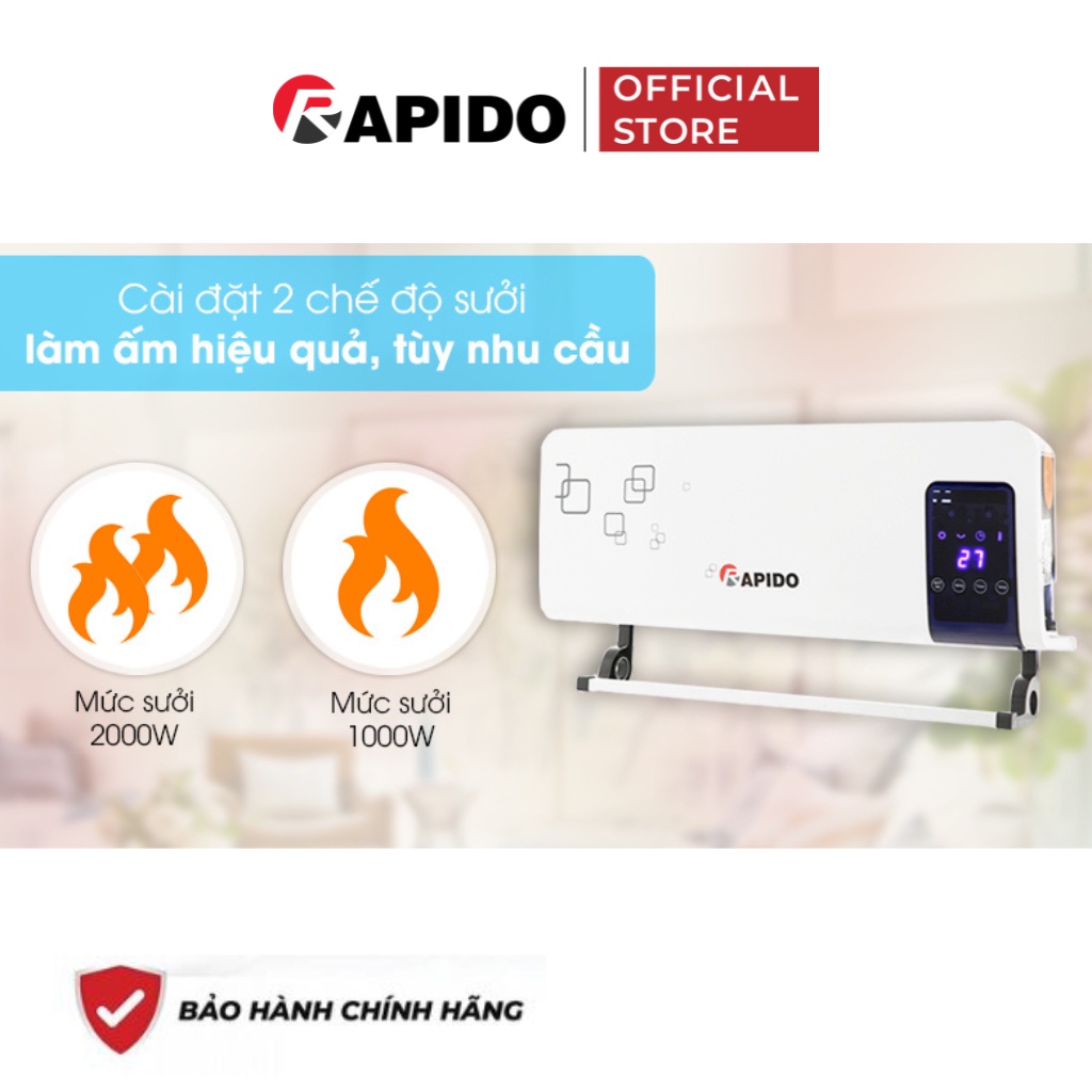 Máy sưởi gốm Rapido RCH2000D 2000W công nghệ sưởi PTC Ceramic nhanh, tiết kiệm điện, bảo hành 12 tháng