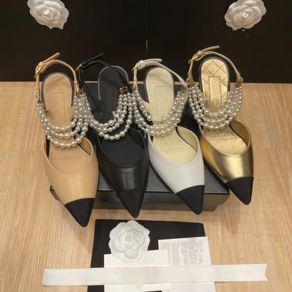 YCQ1 CHANE L color matching pointed shallow mouth Pearl sandals women's high heel buckle French single shoes women