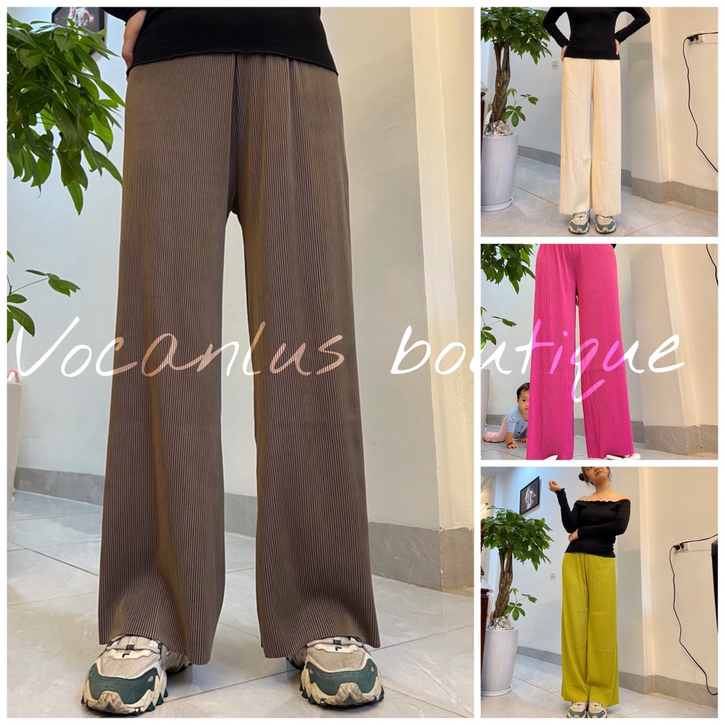 Quần len tăm ống rộng xếp ly nhỏ lưng cao dáng dài ,quần culottes thun tăm lạnh ống suông cạp chun cao cấp Hàn Quốc