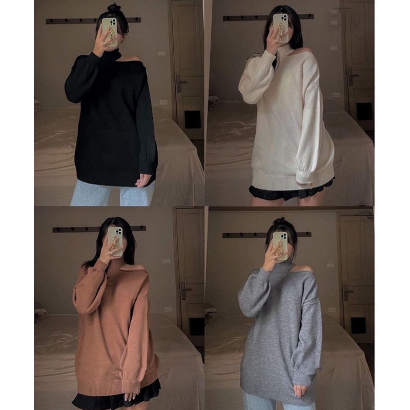 Áo khoét vai nữ xinh, áo lệch vai nữ đẹp tay dài form áo rộng kiểu xẻ vai style Hàn Quốc cá tính siê