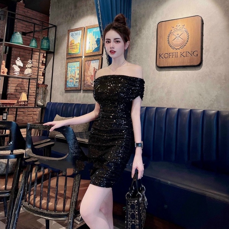 Váy Đầm Kim Sa trễ vai dự Tiệc Dạo Phố Sang Chảnh,Đầm Body thiết kế may full 2 Lớp (Có Sẵn Mút Ngực) XM Minh Phúc