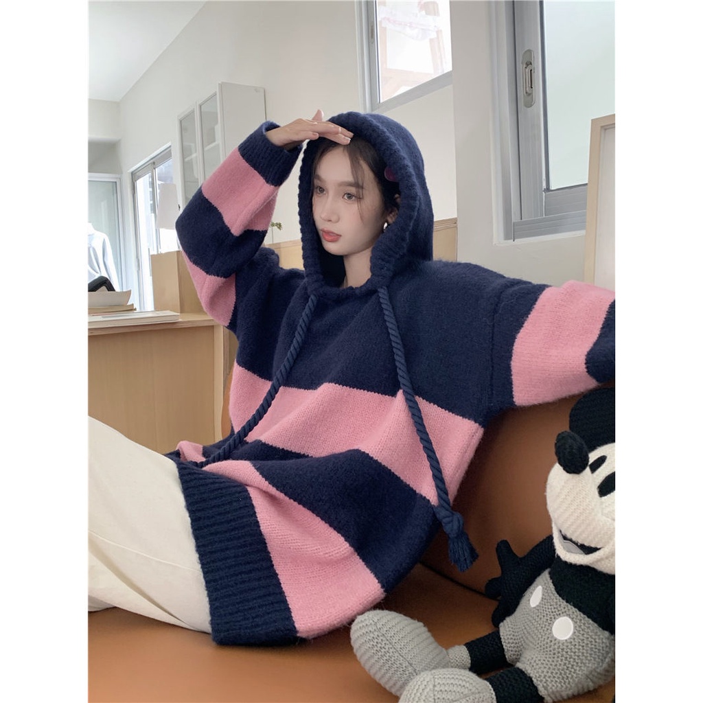 Áo Hoodie Dây Rút Dài Tay Mềm Mại Họa Tiết Kẻ Sọc Màu Tương Phản Thời Trang Mùa Thu Cho Nữ