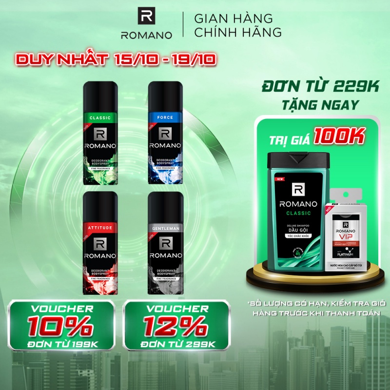 Xịt khử mùi toàn thân ngăn mồ hôi và mùi cơ thể Romano Attitude/Gentleman/Force/Classic 150ml - 4 mùi có sẵn