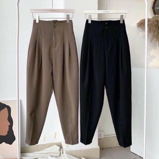 Quần Tây Baggy Nữ 2 cúc Khuy Cạp Liền Mẫu Mới Siêu Hot Quần Tây Nữ Lưng Cao Đi Học Công Sở Vải Đen Mềm Ống Đứng Dáng Dài