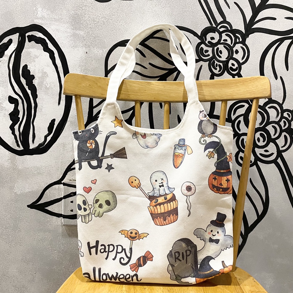 Túi tote, vải canvas 100% poli cao cấp, phong cách thời trang ulzzang, có khoá miệng xịn xò Halloween Cute