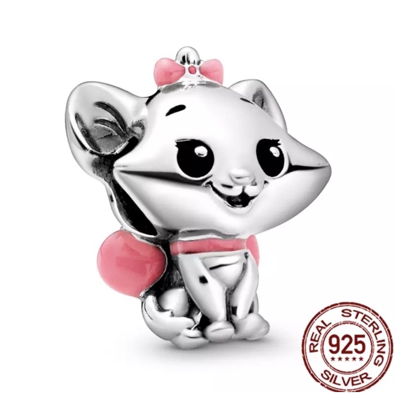 Charm con mèo may mắn bạc s925, Charm xỏ hình con mèo màu hồng