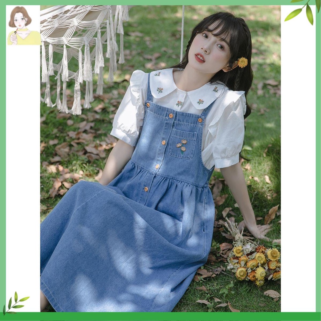 Váy yếm Đầm Yếm Denim Mùa Hè 2022 Thêu Họa Tiết Nghệ Thuật Phong Cách Pháp Cổ Điển Hợp Thời Trang Cho Nữ