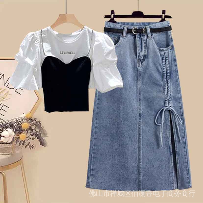 Set Áo Thun Ngắn Tay + Chân váy jean Phong Cách Phương Tây Thời Trang Mùa Hè Mới 2022 Cho Nữ