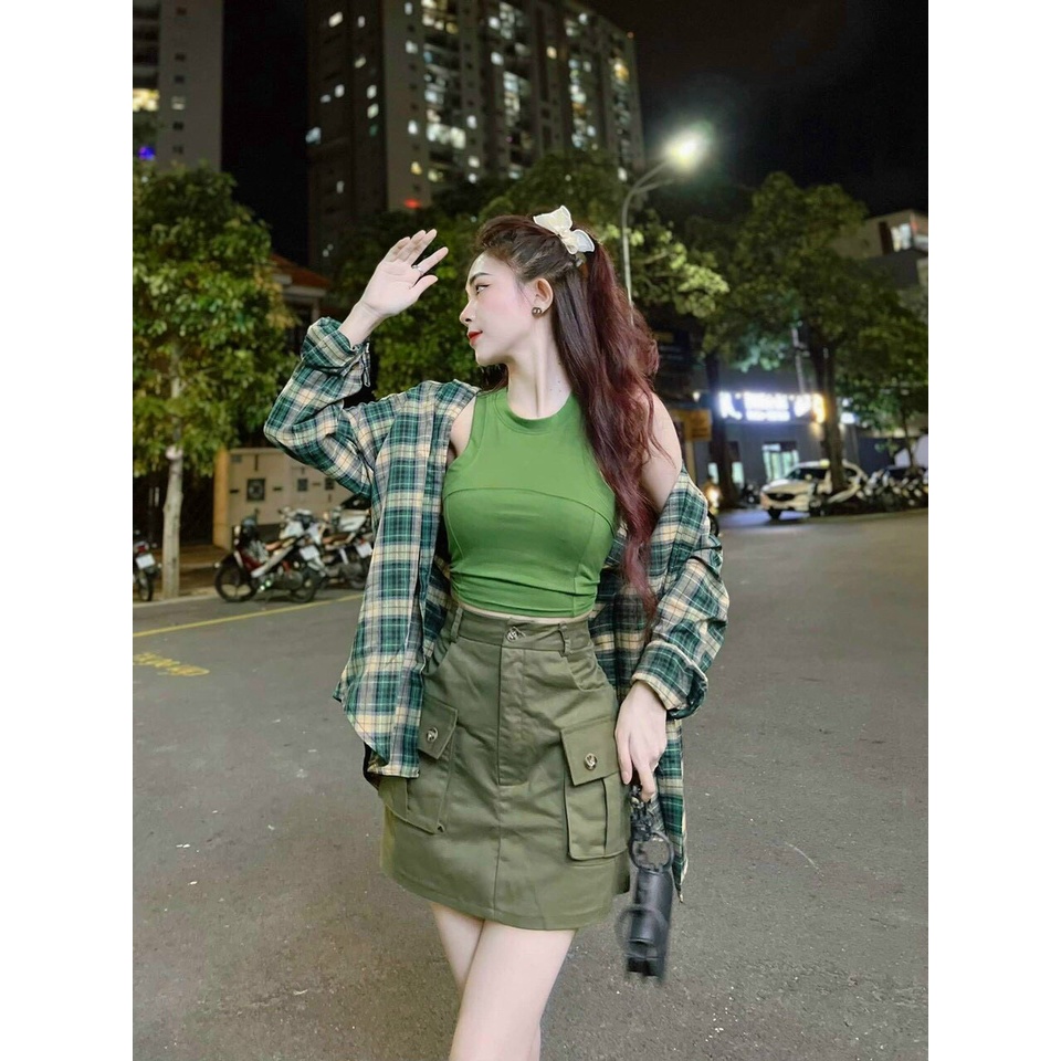 [11.11 Sale Freeship] Set bô ba món,set bộ áo khoác sơ mi caro tay dài kèm áo trong mix chân váy có túi xinh xắn mtb