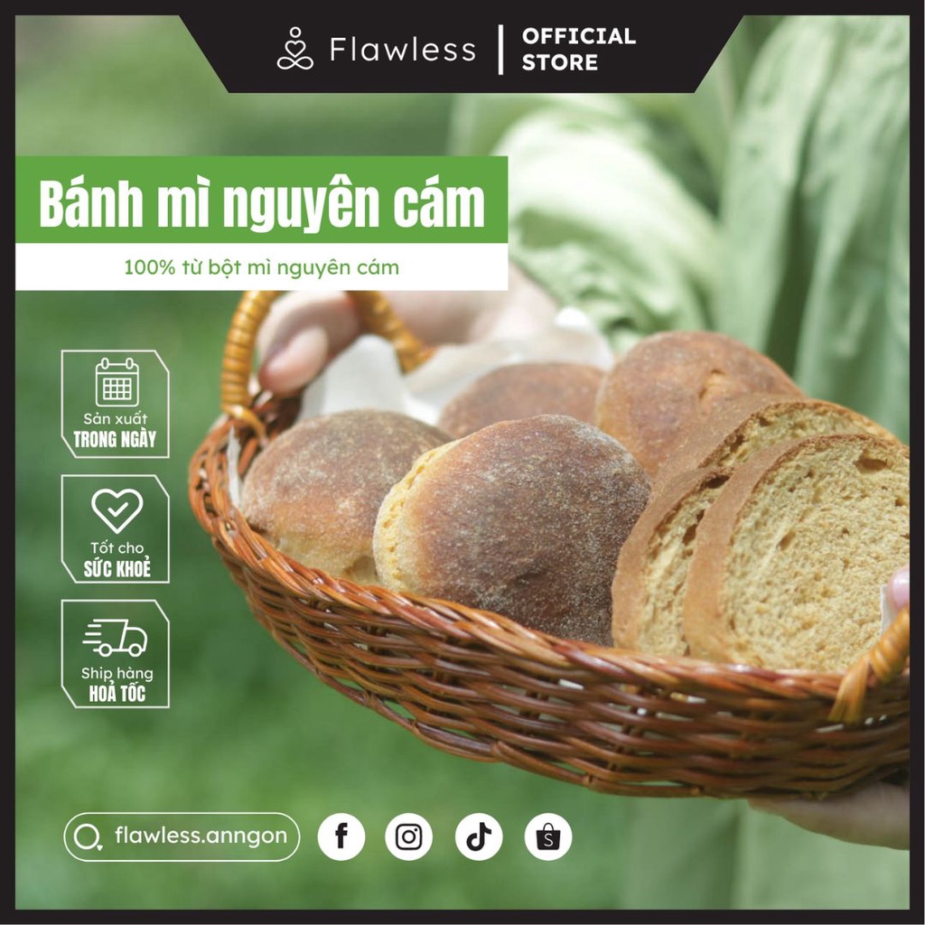 Bánh mì Nguyên cám 100% Fullsize Flawless Ăn ngon | Thực phẩm đồ ăn eatclean healthy, tăng cơ, giảm mỡ, giảm cân