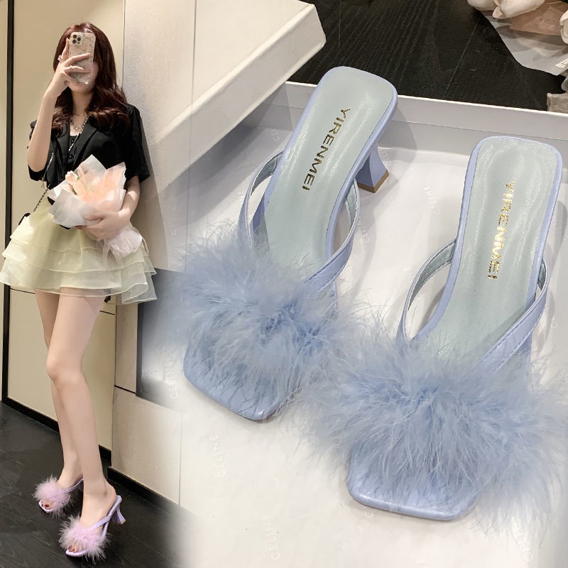Dép Cao Gót Mũi Vuông Quai Ngang Phối Lông Thời Trang Mùa Hè Xinh Xắn Cho Nữ