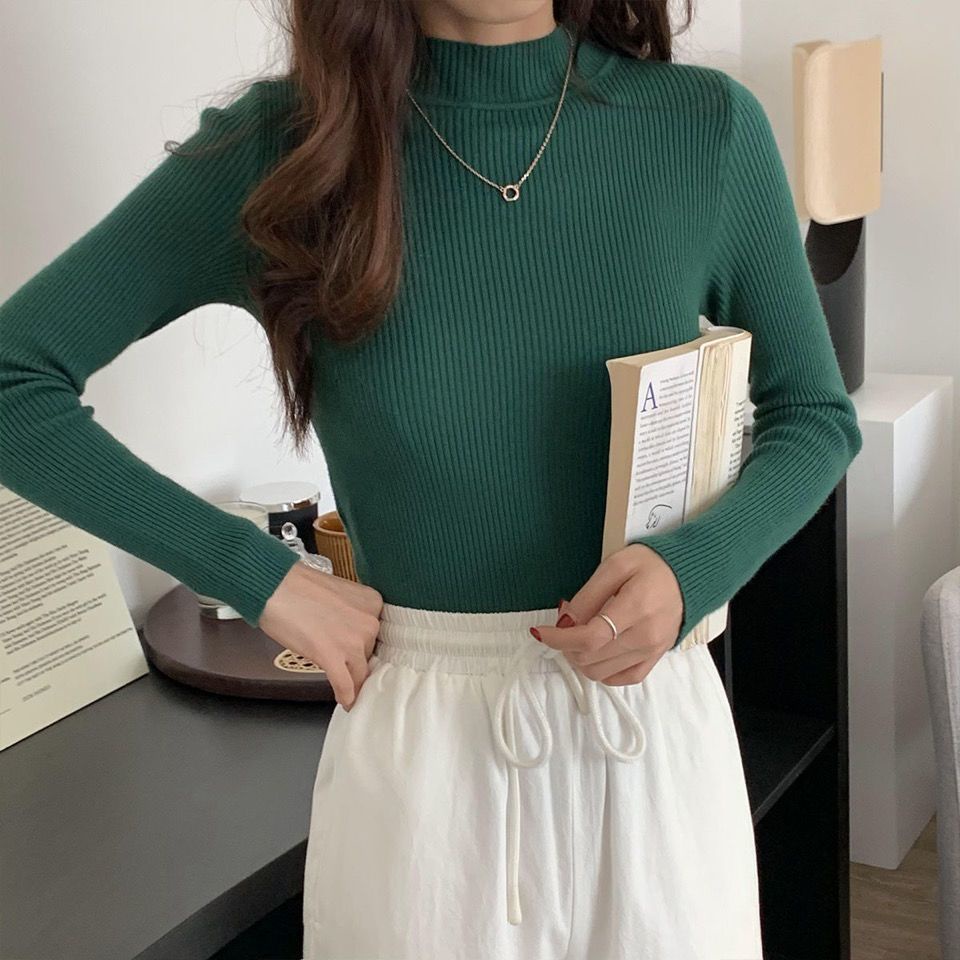 Áo Dệt Kim Mỏng Cổ Cao Tay Dài Màu Trơn Thời Trang Thu Đông Hàn Quốc Mới