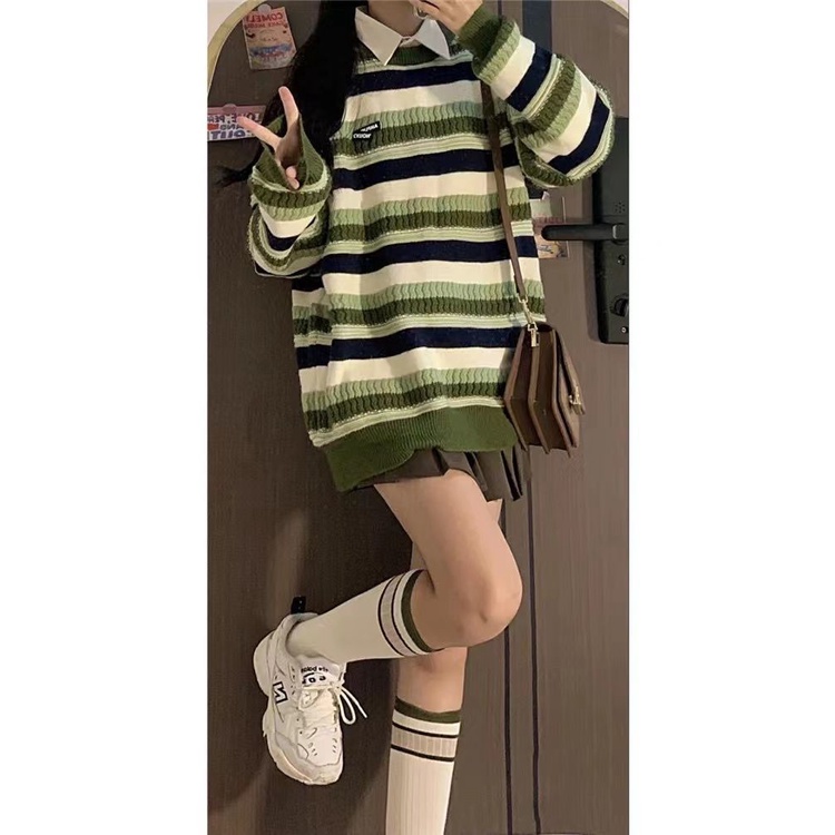 ✅Áo Sweater Dệt Kim Dáng Rộng Họa Tiết Kẻ Sọc Màu Xanh Lá Phong Cách Retro Mỹ Chất Lượng Cao Thời Trang Xuân Thu Cho Nữ