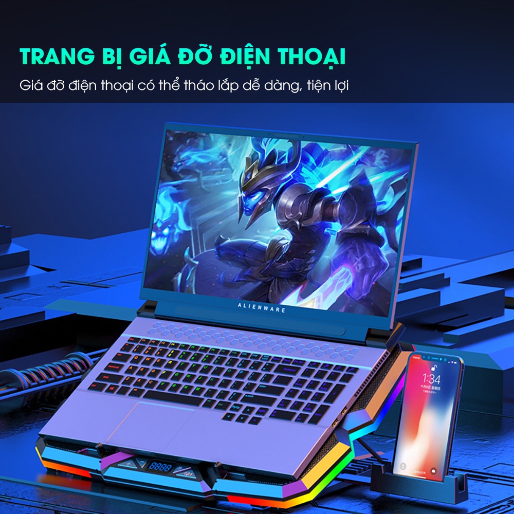 Đế tản nhiệt laptop SIDOTECH ICE COOLER 5 quạt lớn làm mát nhanh chống ồn đèn 12 chế độ LED gaming trang bị màn hình LCD