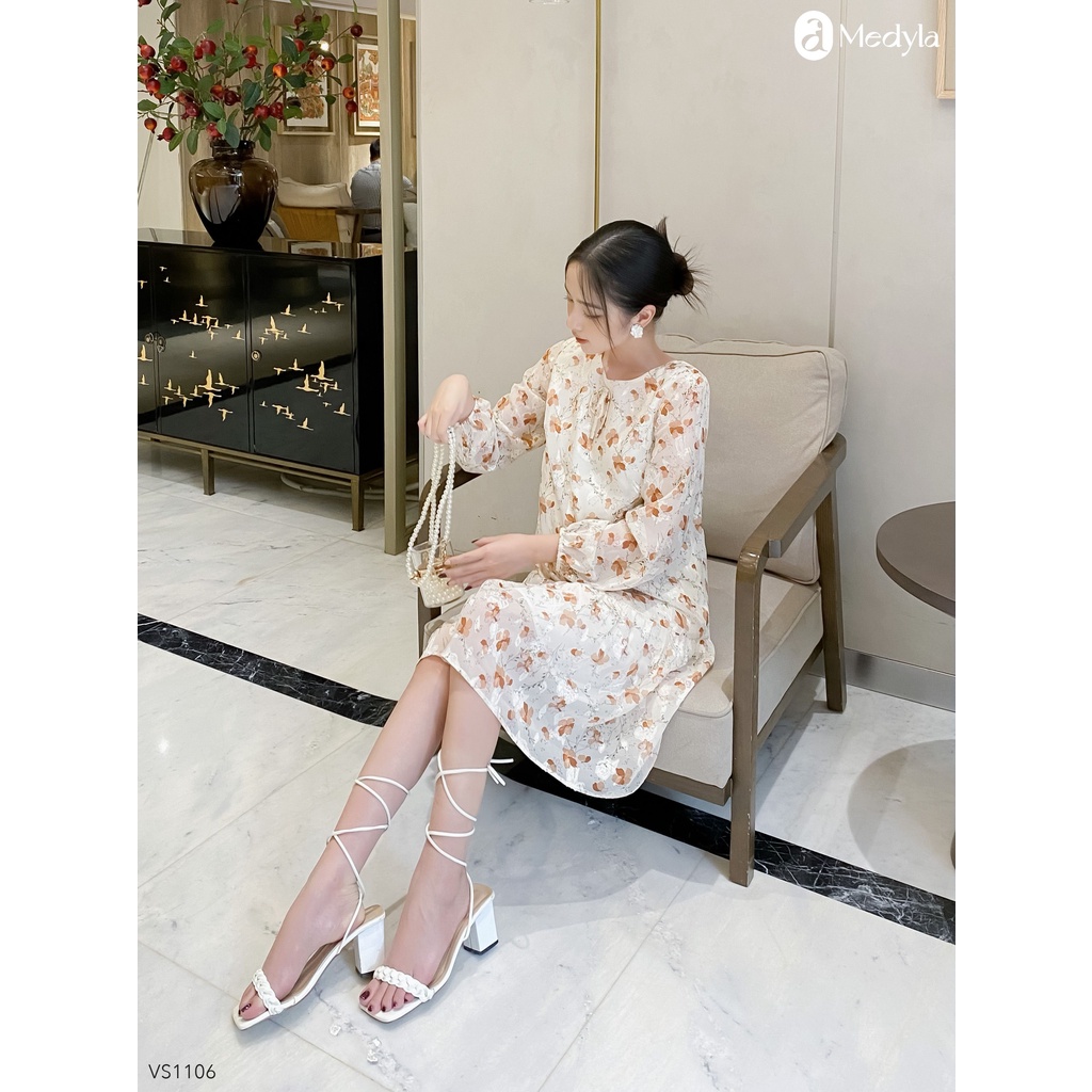 MEDYLA - Đầm bầu dự tiệc thu đông thiết kế 2 lớp tơ lót lụa in hoa be nâu cho bầu đi tiệc - VS1106