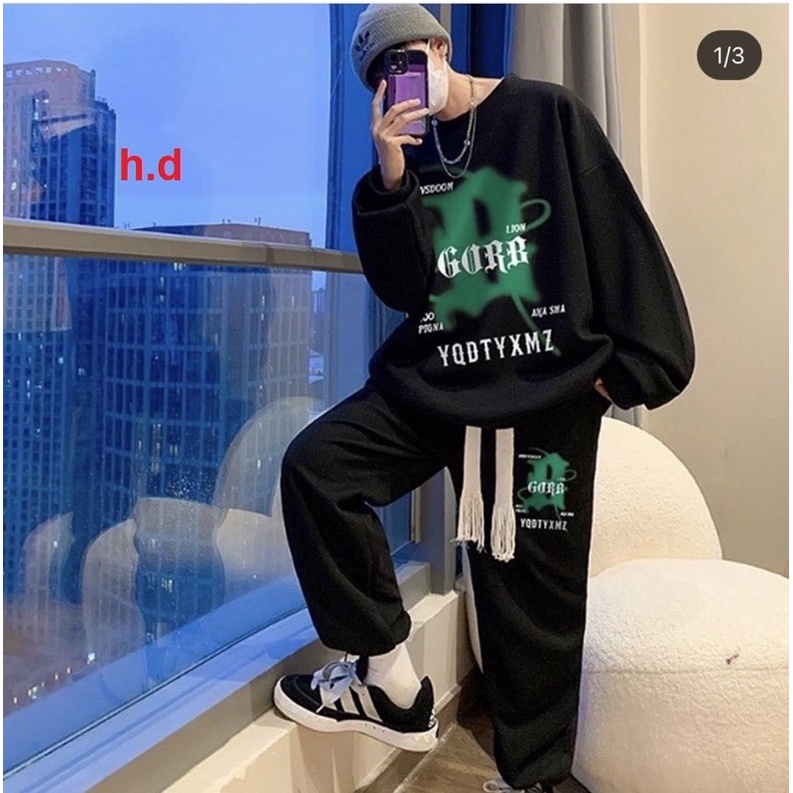 Bộ thể thao nam mặc nhà thu đông Gold xanh🌸Chất nỉ dày dặn, ấm áp, unisex cá tính