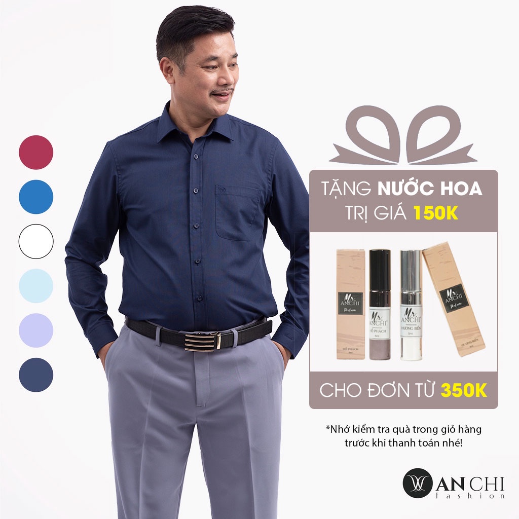 Áo Sơ Mi Nam Dài Tay Trung Niên ANCHI Màu Xanh Than Trơn Vải Sợi Tre Cao Cấp