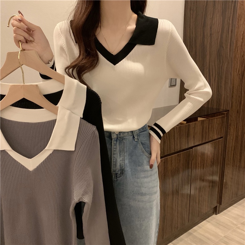 IELGY Áo polo Dệt Kim Tay Dài Màu Sắc Tương Phản Phong Cách retro Dành Cho Nữ