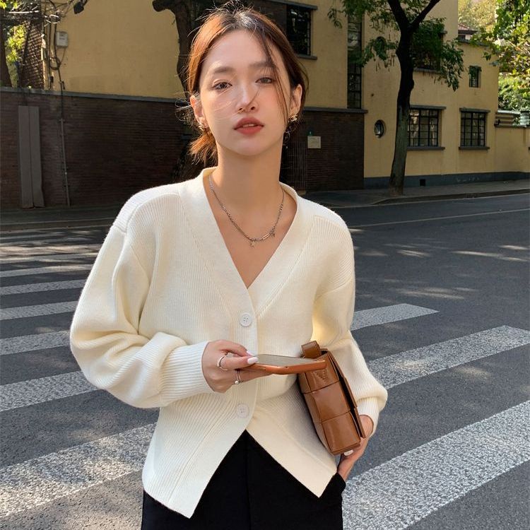 Áo Khoác Cardigan Dệt Kim Cổ Chữ V Dáng Ngắn Thời Trang Mùa Đông Theo Phong Cách Pháp Cho Nữ