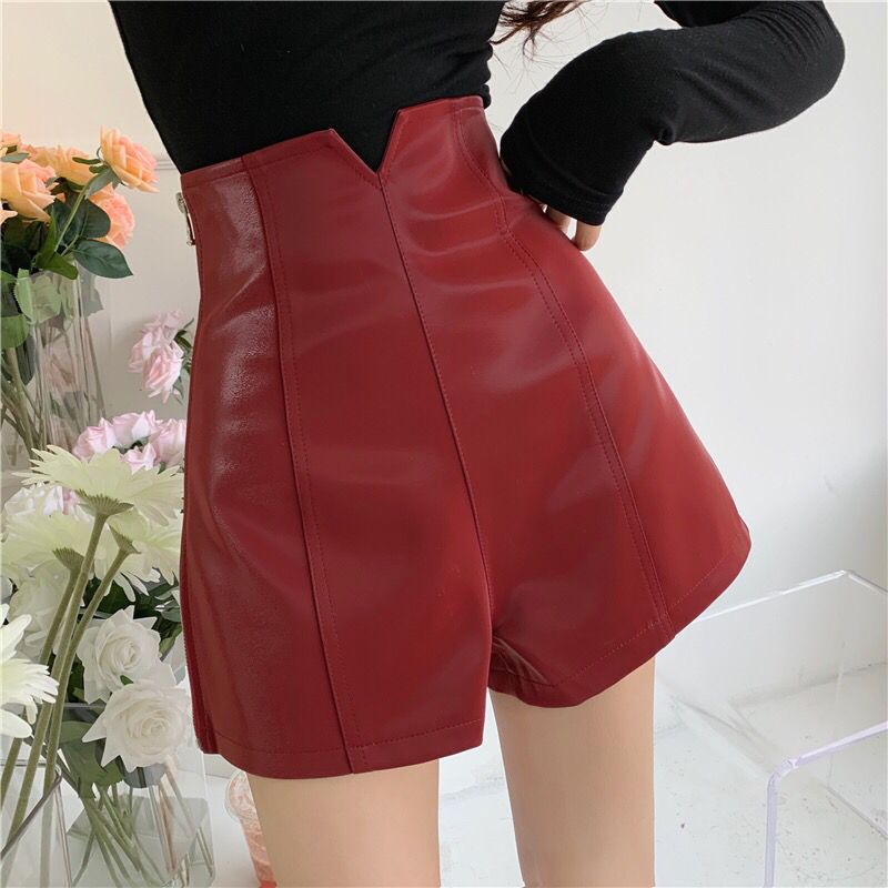 Quần Short Da PU Lưng Cao Dáng Ôm Có Khóa Kéo Thời Trang Thu Đông Cho Nữ
