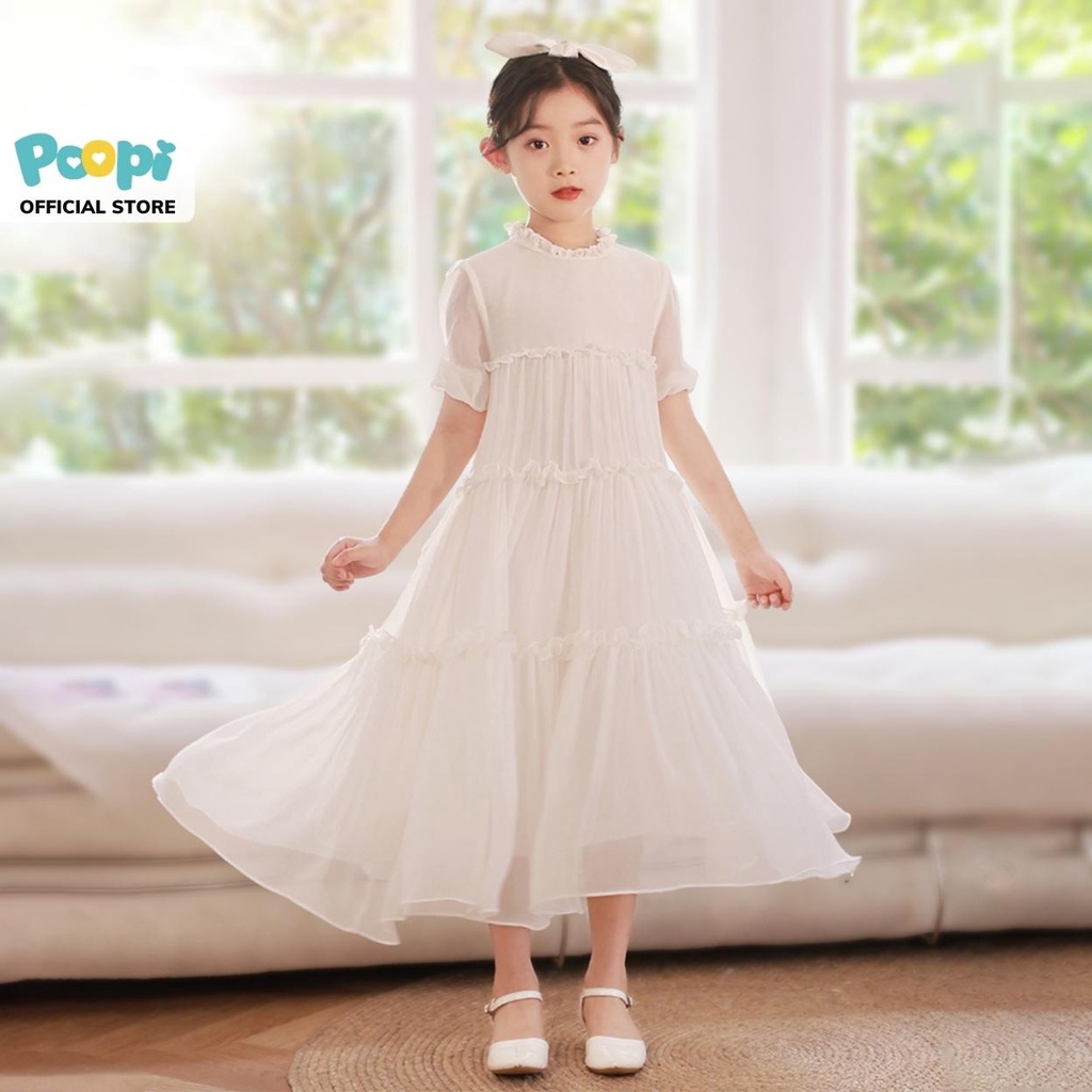 Đầm Bé Gái Poopi Phong Cách Mùa Hè Màu Trắng Dễ Thương Cho Bé Đi Chơi Đi Học