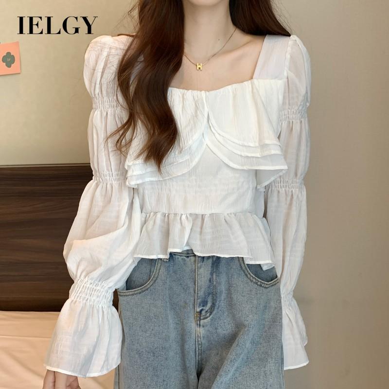 Áo kiểu IELGY đen cổ vuông phối bèo kiểu Pháp xinh xắn cho nữ