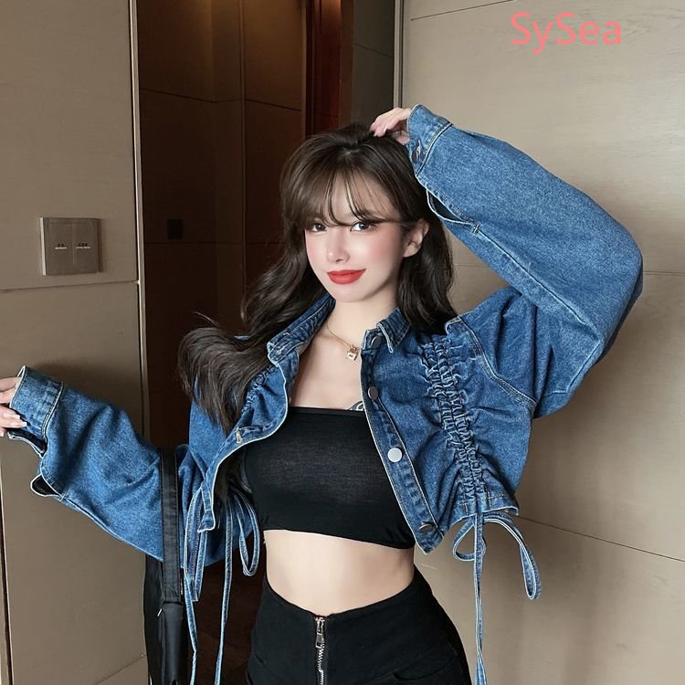 Áo Khoác Denim Phối Dây Rút Thời Trang Mùa Thu Dành Cho Nữ