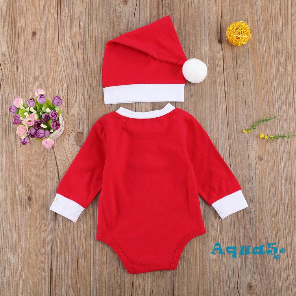 Bộ 2 Món Áo Liền Quần Tay Dài + Mũ Họa Tiết Giáng Sinh Dễ Thương Cho Bé