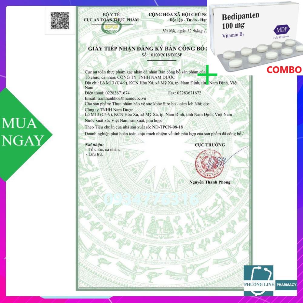 Combo Bedipanten 100mg +  Siro ho cảm ich nhi 3+ giúp bé giải cảm giảm ho tiêu đàm, chai 90ml